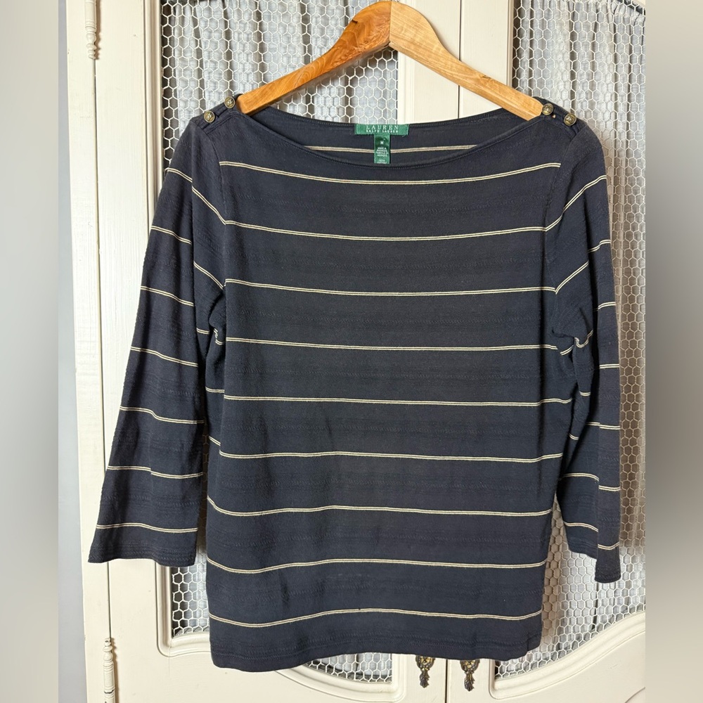 Lauren Ralph Lauren Black & Tan Boat Neck Striped Tee Shirt Women’s Size Medium